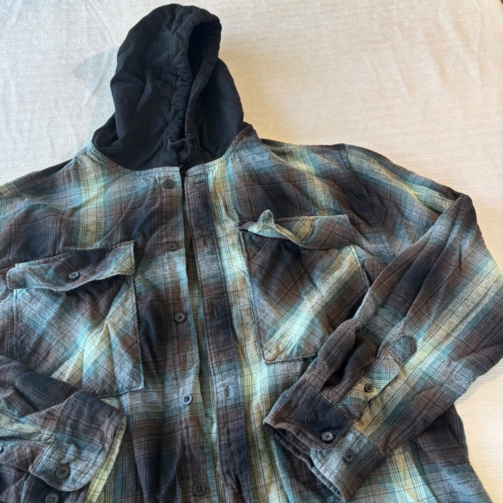 No Boundaries Mens XL Oversized Plaid Flannel Hoodie Shirt Brown Teal